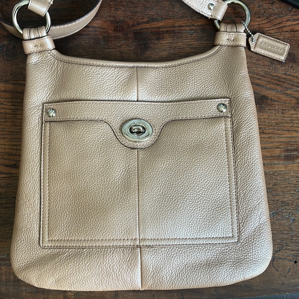 Coach 10 x 11 tan metallic bag with matching wallet